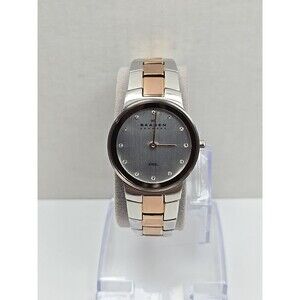 Skagen Womens Rose Gold Two Tone Crystal Dial Bracelet Watch New Battery Quartz